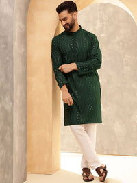 Anouk Green Floral Sulam Kolar Jalur Labuci Kapas Kurta Lurus