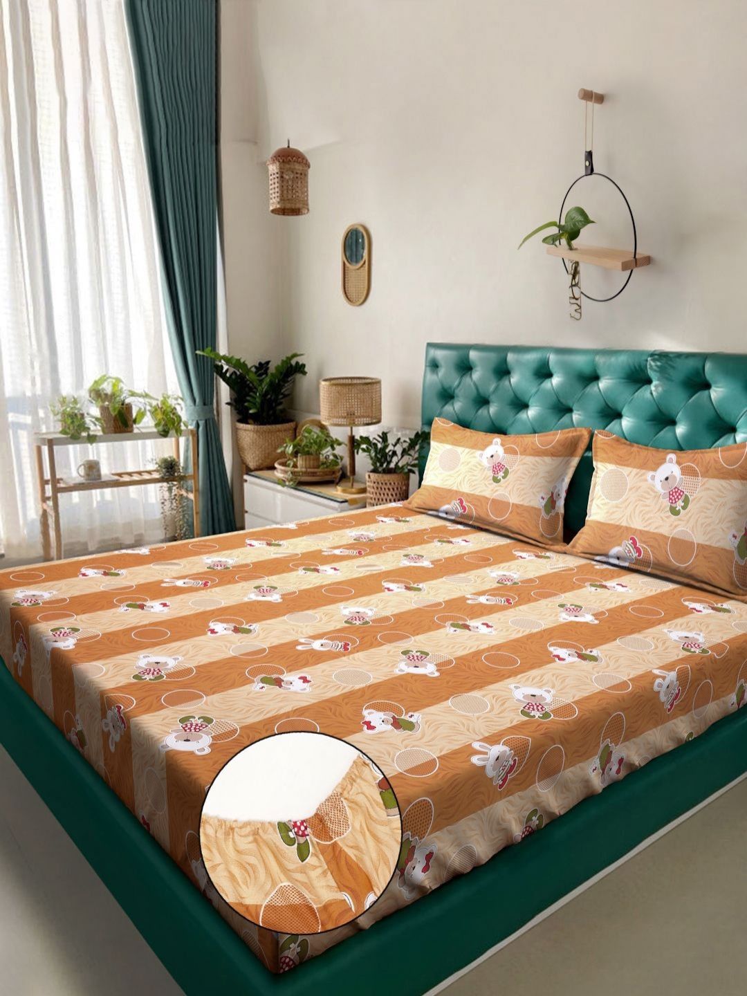 KLOTTHE Mustard Cartoon Printed Fitted 400 TC Cotton King Bedsheet & 2 Pillow Covers
