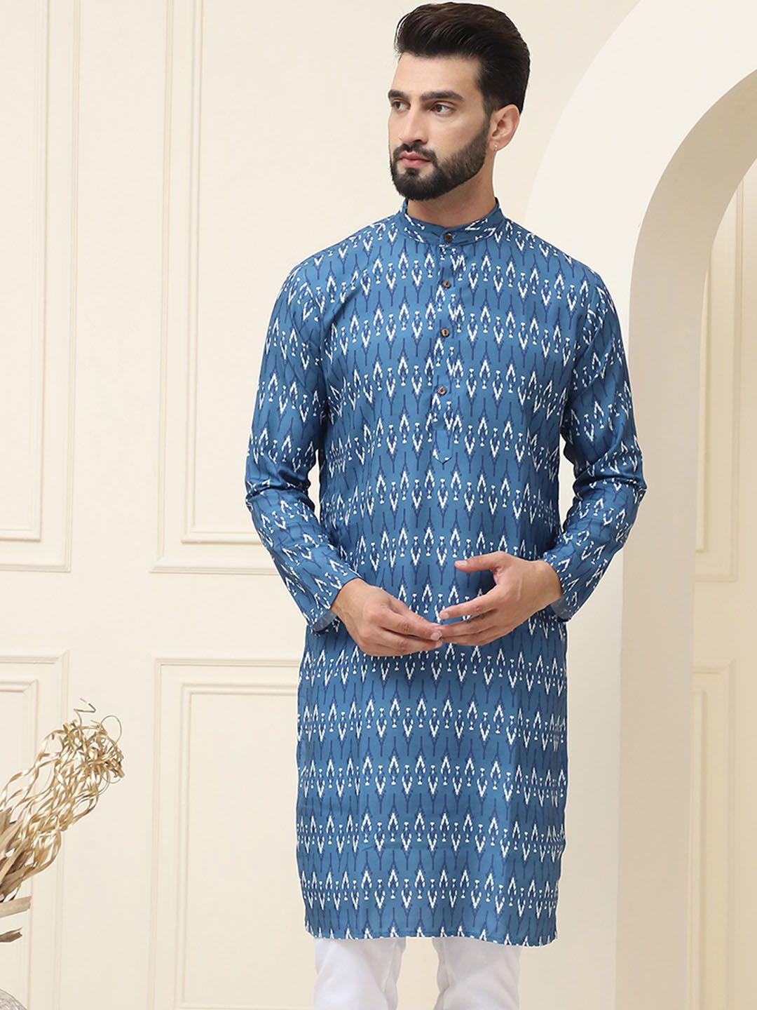 SOJANYA Motif Etnik Printed Band Collar Leher Lengan Panjang Kapas Tulen Kurta Lurus