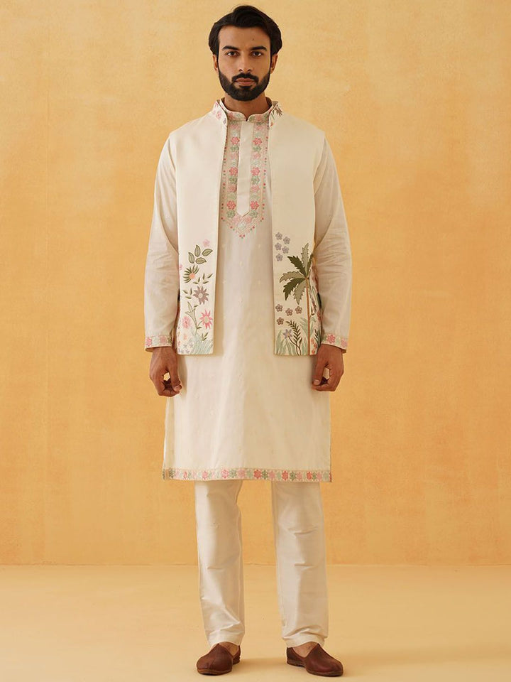 SOJANYA LUXE Floral Embroidered Thread Work Cotton Silk Kurta With Trousers & Nehru jacket