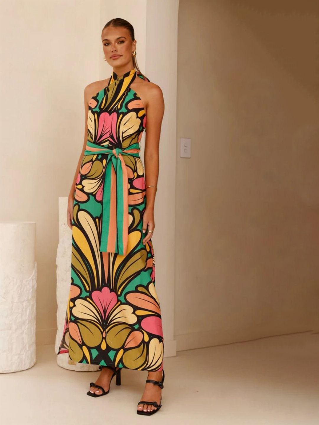 all about you Women Floral Print Halter Neck Belted Maxi Dress