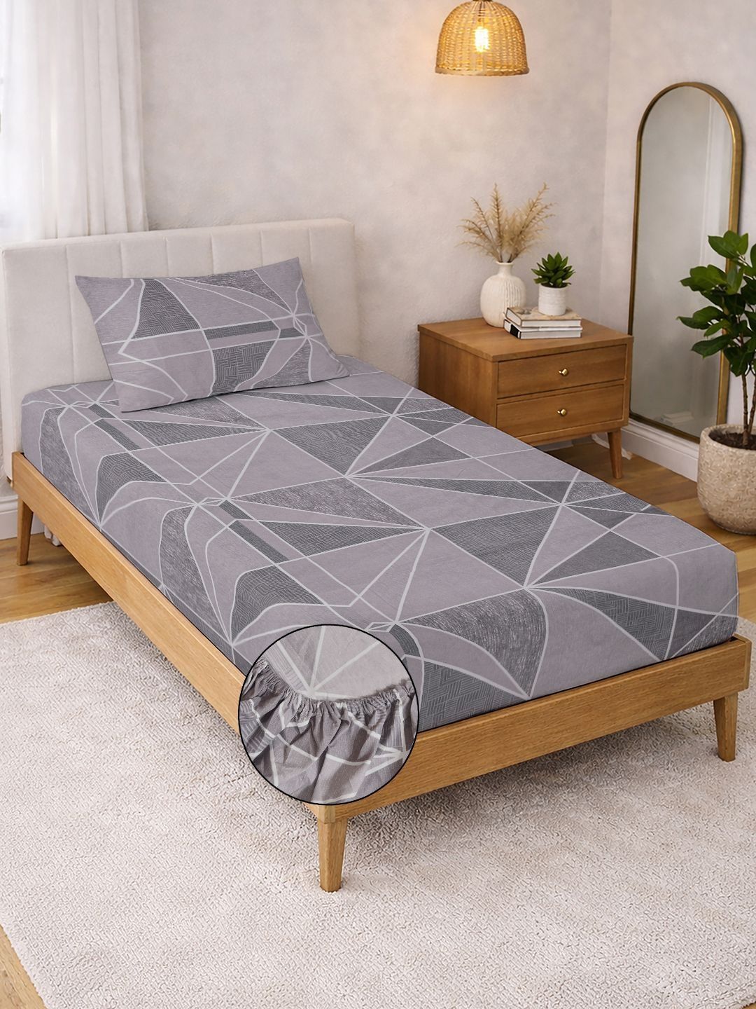 KLOTTHE Purple Geometric Fitted 300 TC Single Bedsheet with 1 Pillow Covers