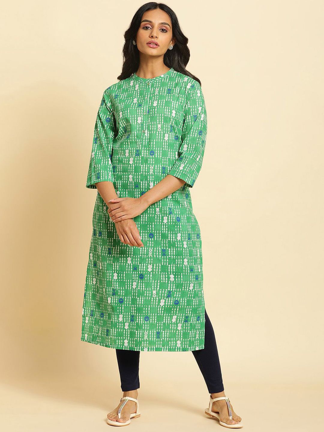 W Striped Mandarin Collar Thread Work Cotton Straight Kurta