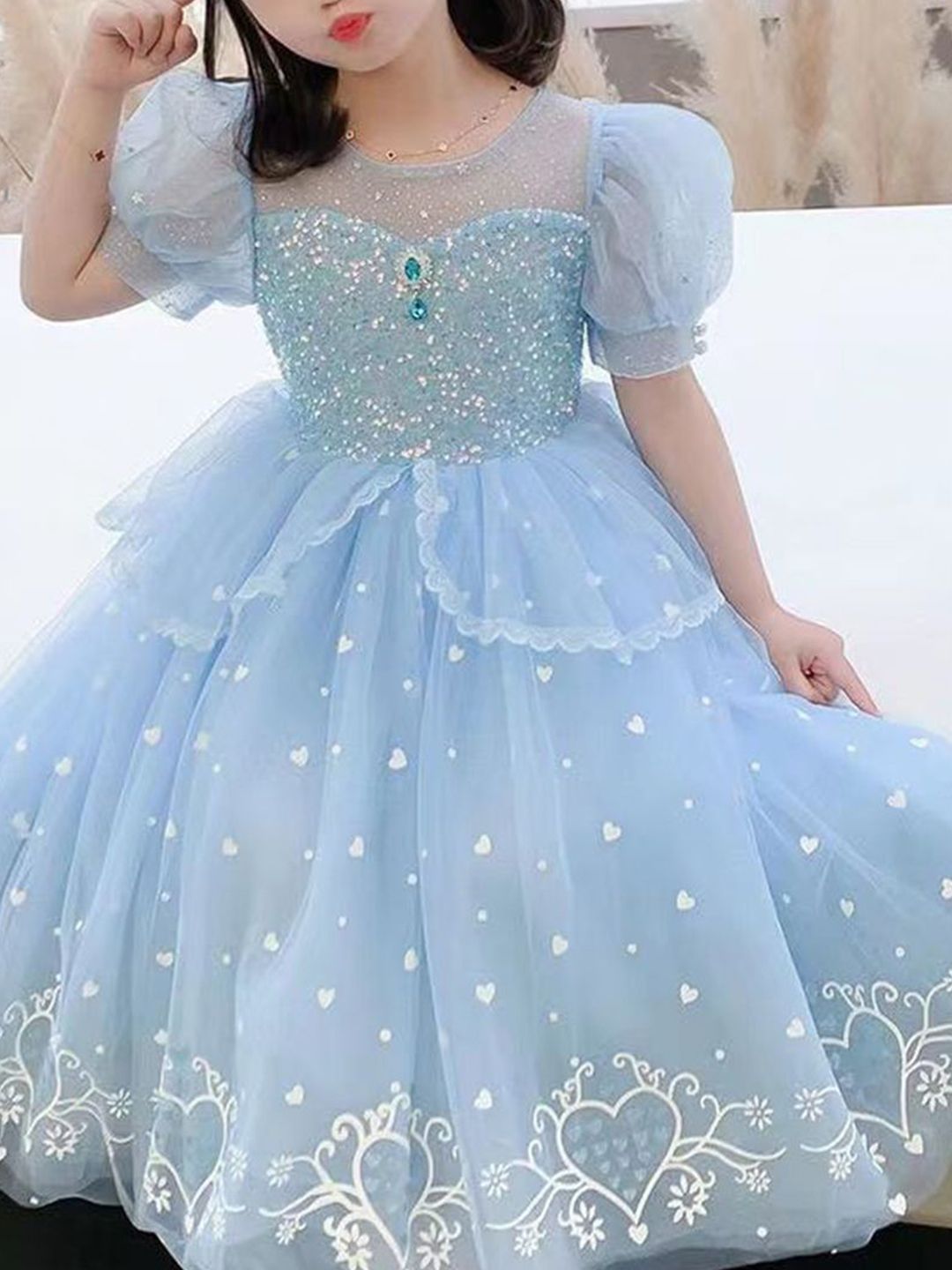 YK Girls Self Design Embellished Puff Sleeve Fit & Flare Dress