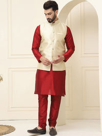 SOJANYA Mandarin Collar Zari Silk Cotton Straight Kurta with Pyjamas & Nehru jacket