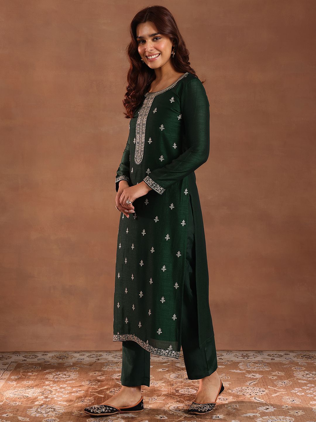 Libas Ethnic Motifs Embroidered Sequinned Straight Kurta With Trousers & Dupatta