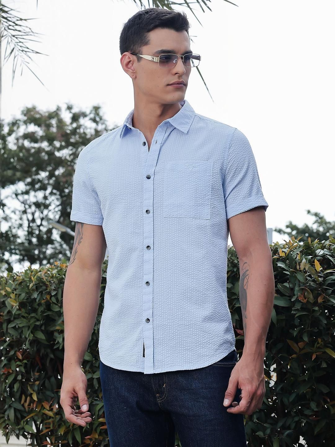Thomas Scott Men Classic Slim Fit Seersucker Casual Shirt