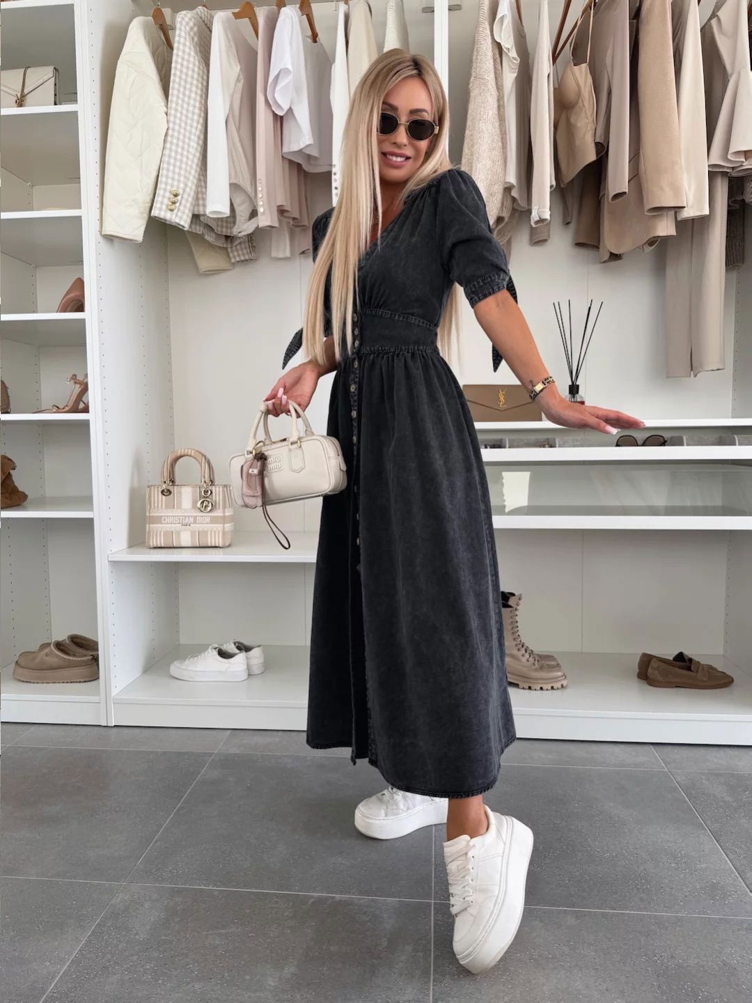 all about you Women Solid Denim Maxi Dress