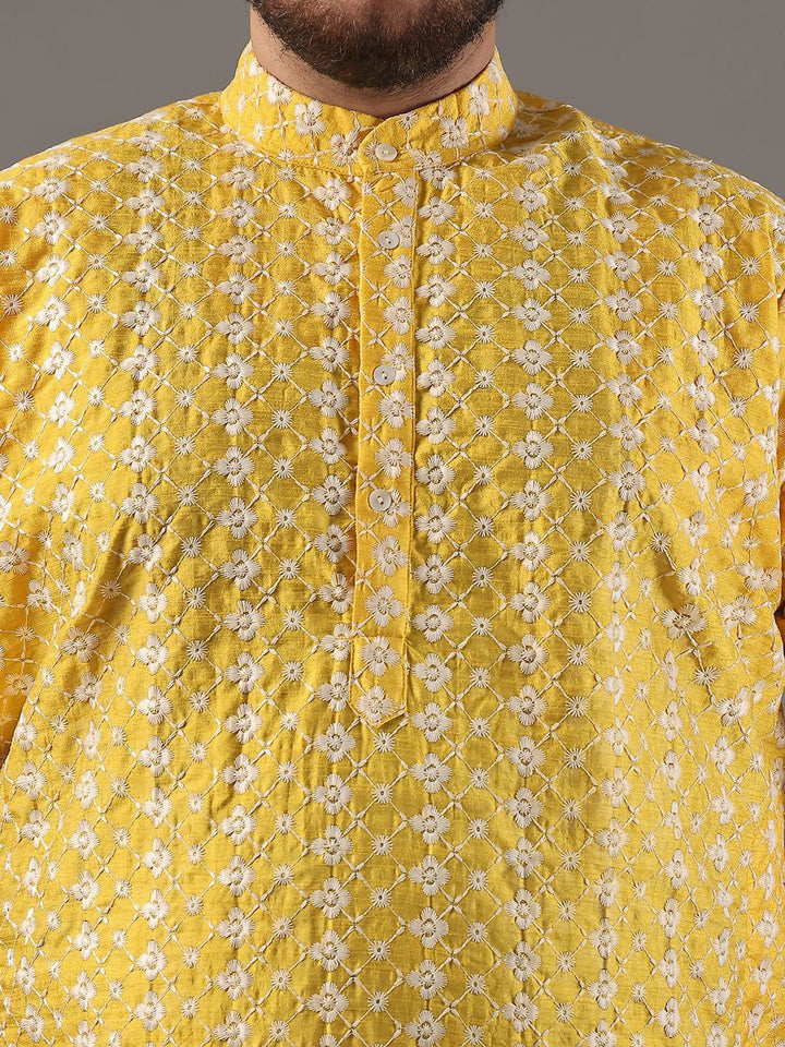 SOJANYA PLUS Plus Size Lelaki Sulam Bunga Kapas Tulen Kurta Lurus Dengan Piyama