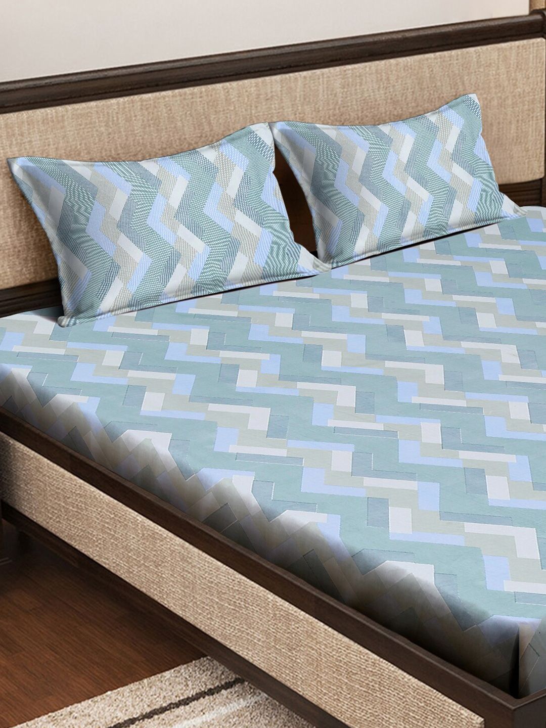 KLOTTHE Green Geometric Printed Dilengkapi 400 TC Kapas Cadar King & 2 Sarung Bantal