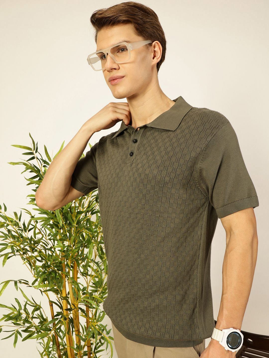 Thomas Scott Men Bio Finish Self Design Polo Collar Cotton T-shirt