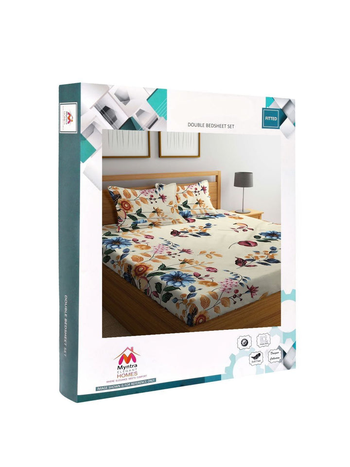 Myntra Elegant Homes Cream Floral Polycotton 300 TC Fitted King Cadar Tempat Tidur Halus dengan 2 Sarung Bantal-250 x 220 cm