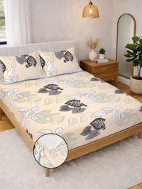 Myntra Elegant Homes Beige & Black Floral 300 TC Bedsheet with 2 Pillow Covers