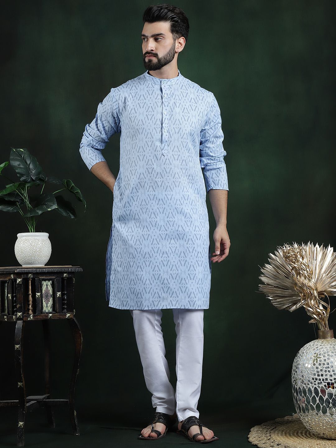 Anouk Blue Geometric Printed Mandarin Collar Long Sleeves Pure Cotton Kurta