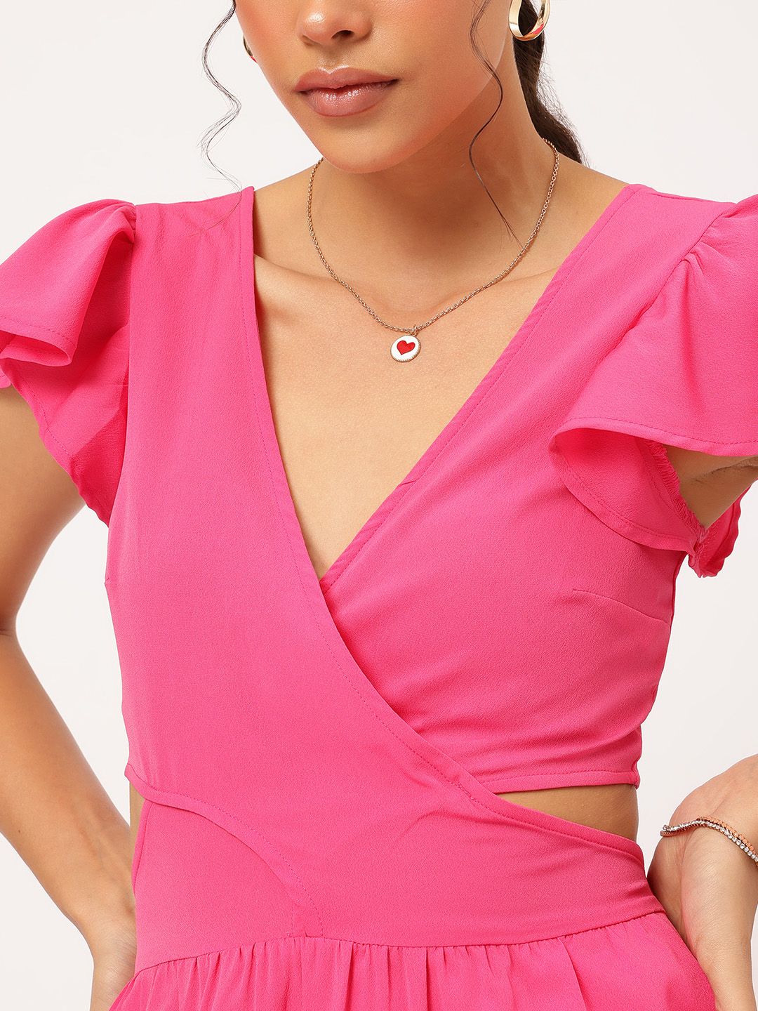 DressBerry Barbiecore Ruffled & Smocked Cut-out A-line Mini Dress