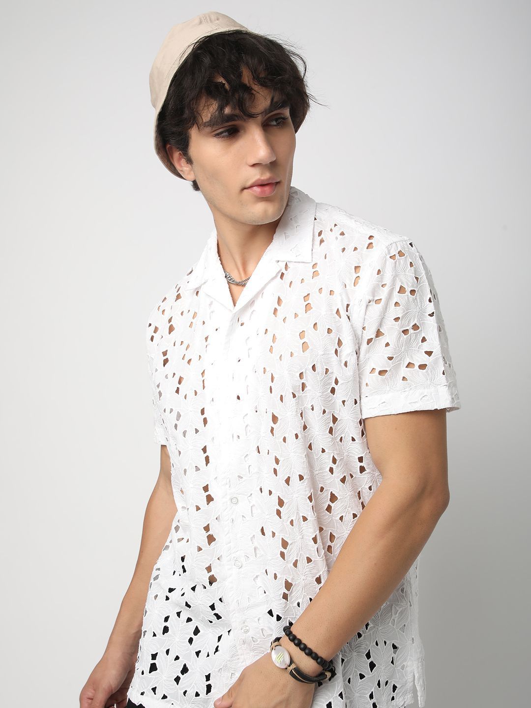 VASTRADO Men Classic Cuban Collar Textured Cotton Oversized Casual Shirt
