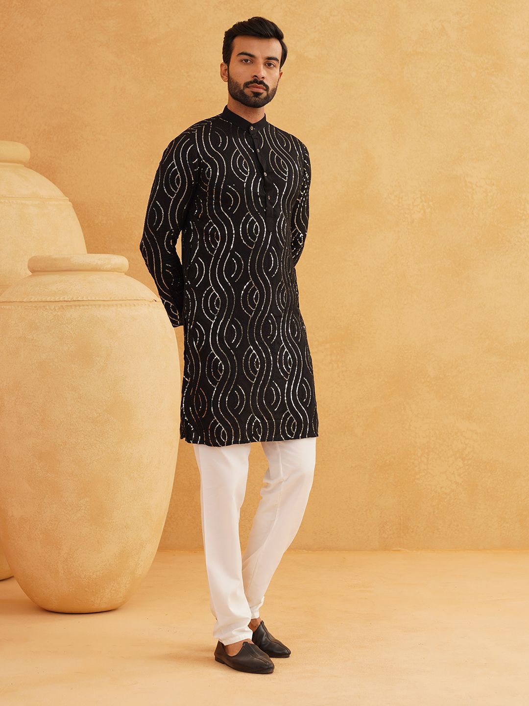 SOJANYA Quirky Sequins Embroidered Band Collar Pure Cotton Straight Long Kurta
