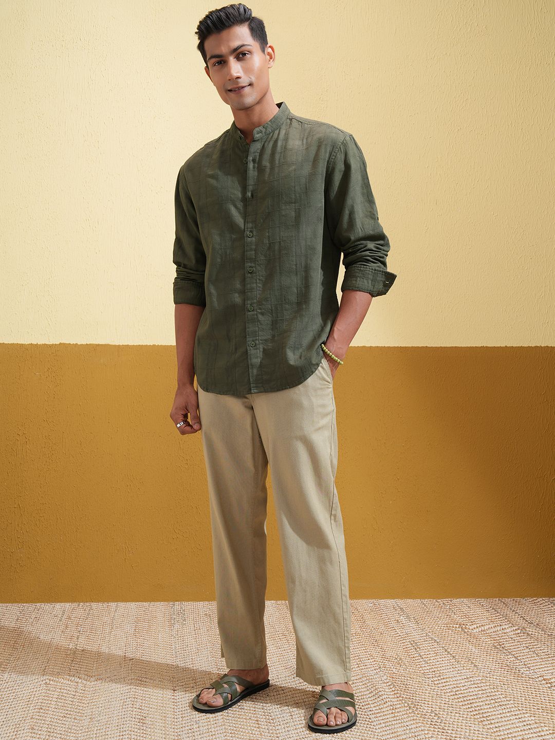 HIGHLANDER Men Relaxed Fit Mandarin Collar Checked Cotton Casual Shirt