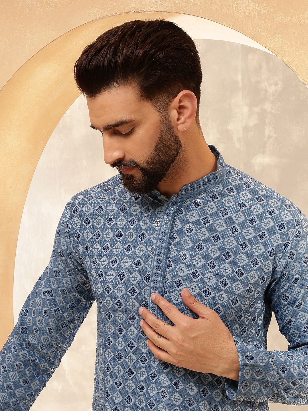 Anouk Blue Geometric Embroidered Mandarin Collar Pure Cotton Kurta With Pyjama
