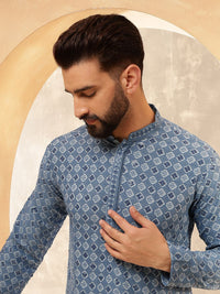 Anouk Blue Geometric Embroidered Mandarin Collar Pure Cotton Kurta With Pyjama