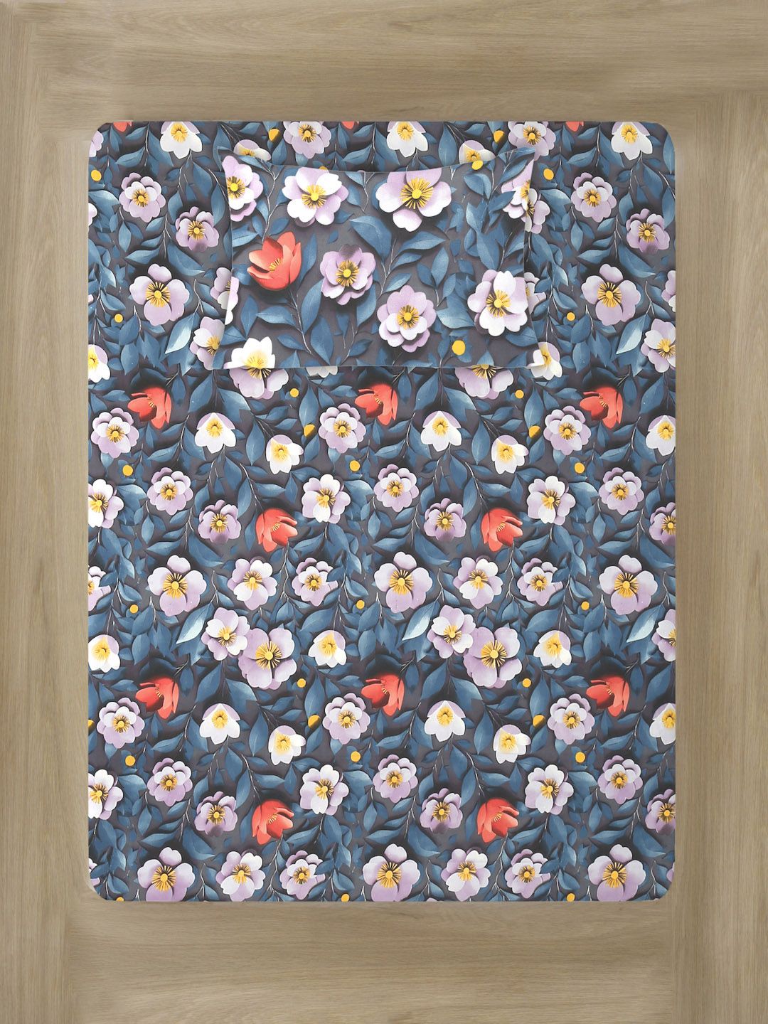 KLOTTHE Blue & White Floral Printed Flat 300 TC Single 7D Bedsheet With Pillow Cover