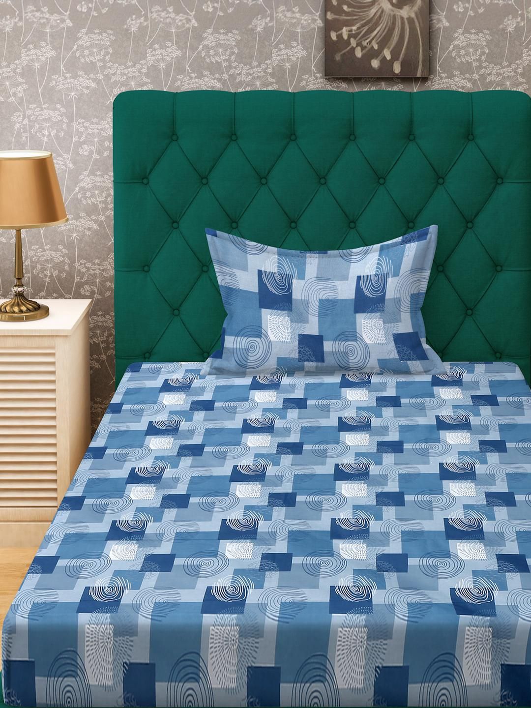 KLOTTHE Blue Geometric Cotton Single Bedsheets