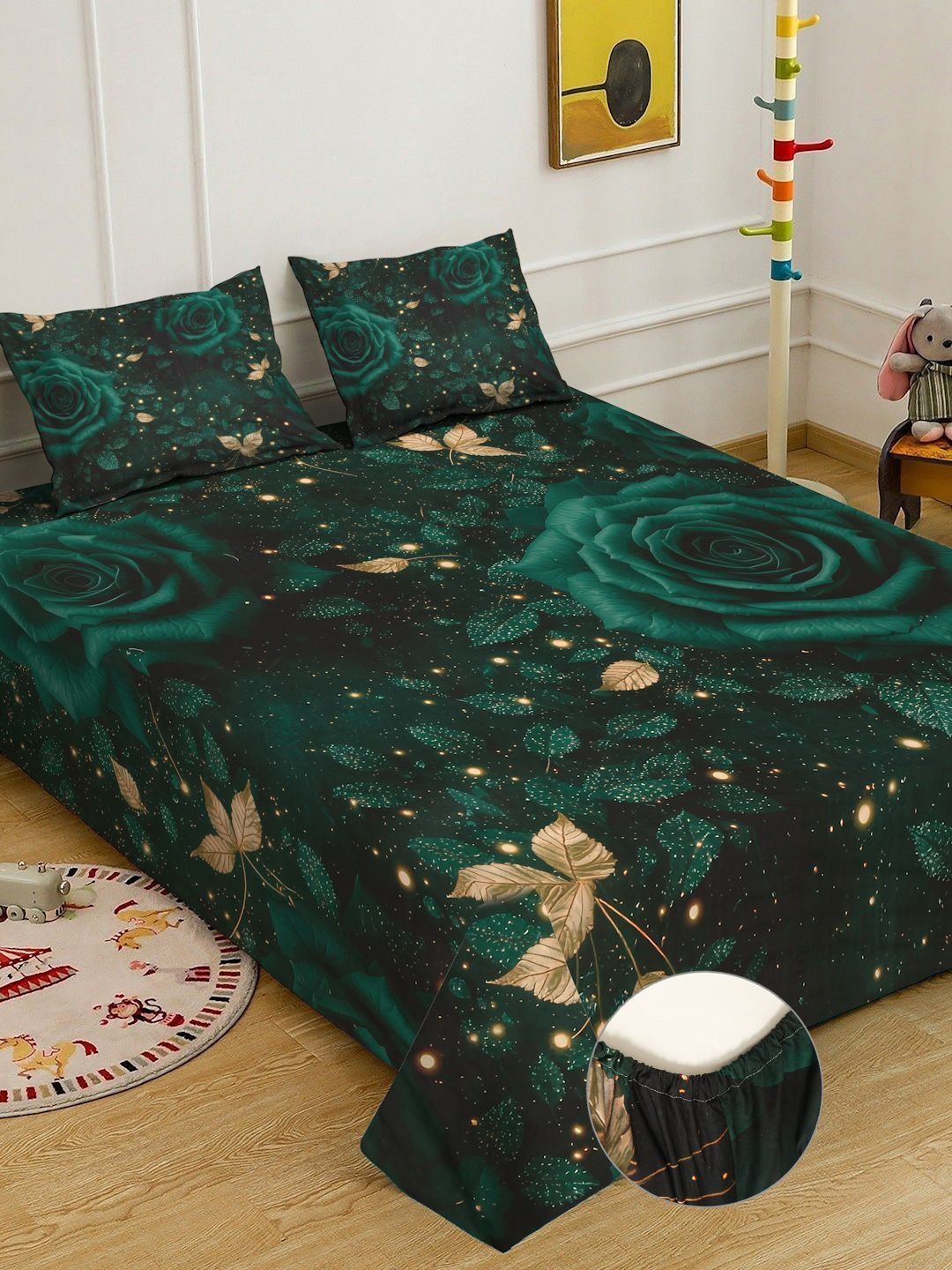 KLOTTHE Green Floral Printed Fitted 300 TC King Fine Bedsheet With 2 Pillow Cover
