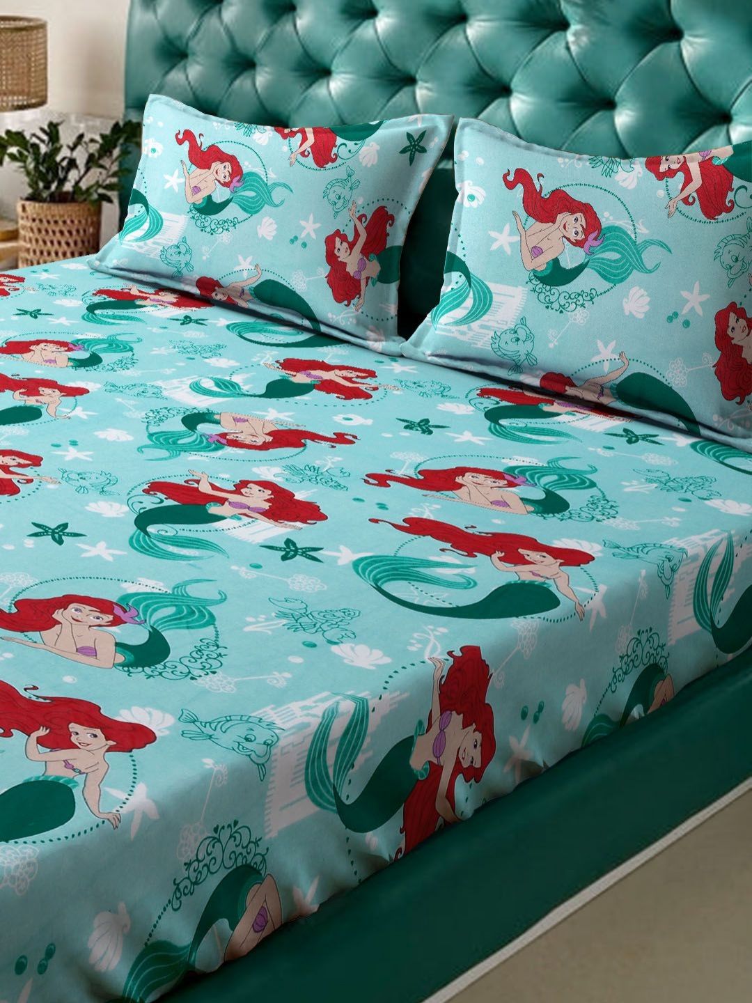 KLOTTHE Turquoise Blue Printed 400 TC Pure Cotton Fitted Double King Bedsheet Set