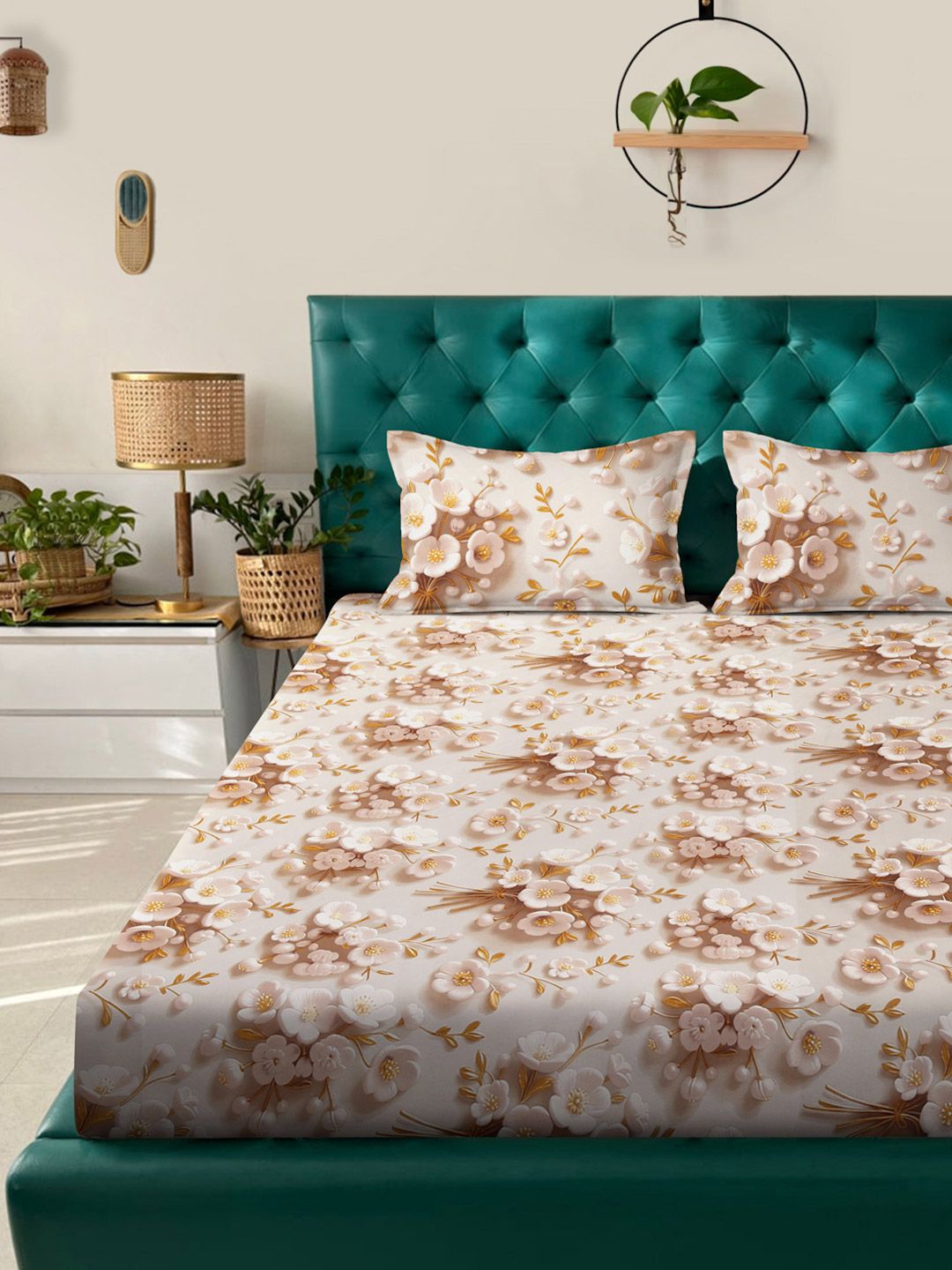 KLOTTHE Cream Floral Printed Dilengkapi 300 TC King 7D Cadar Dengan 2 Sarung Bantal