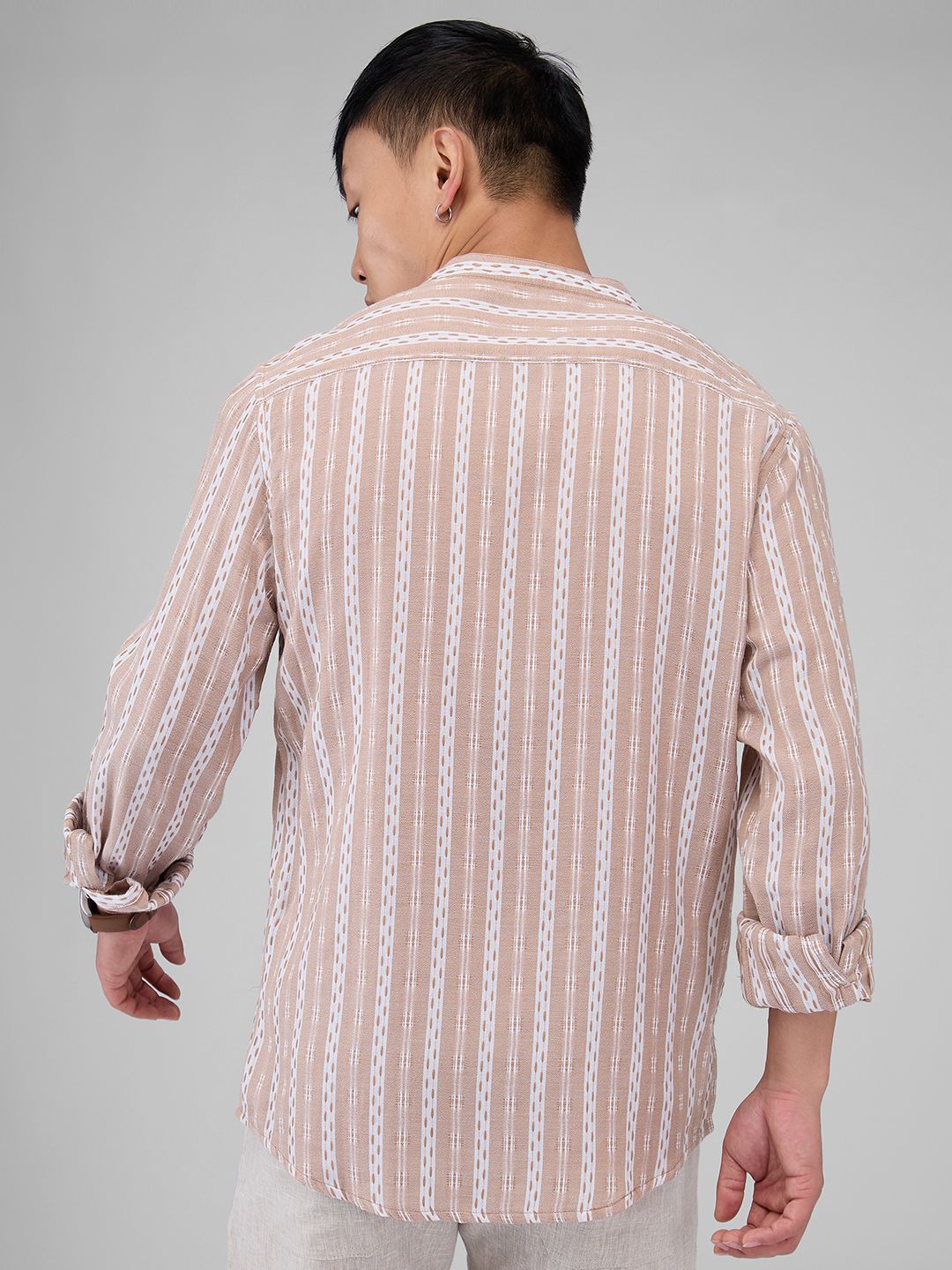 VASTRADO Men Classic Mandarin Collar Vertical Striped Cotton Slim Fit Casual Shirt