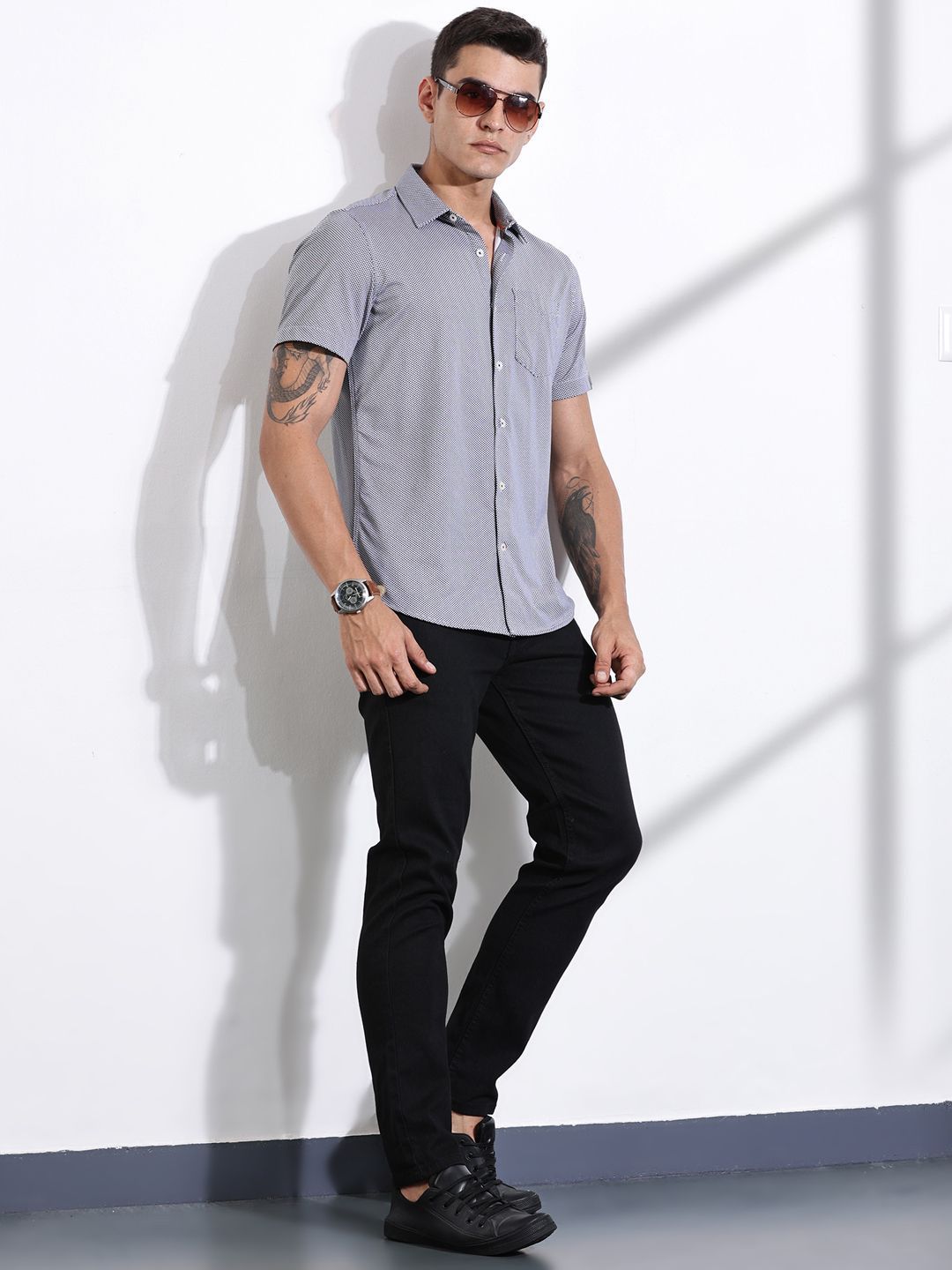 Thomas Scott Men Classic Slim Fit Spread Collar Geometric Printed Cotton Knitted Shirt