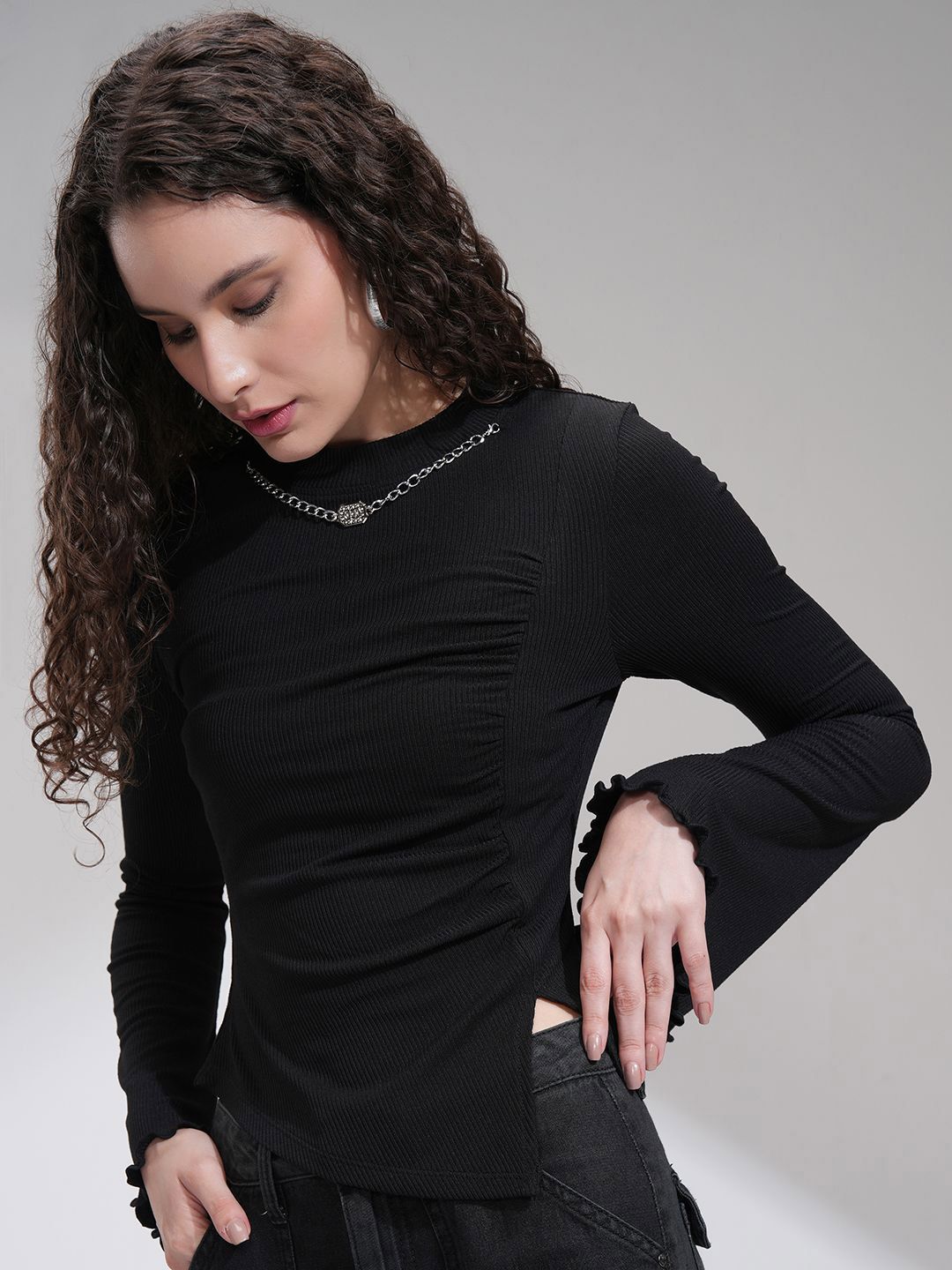 Tokyo Talkies Women Ribbed Mock Neck Bell Sleeve Fitted Top