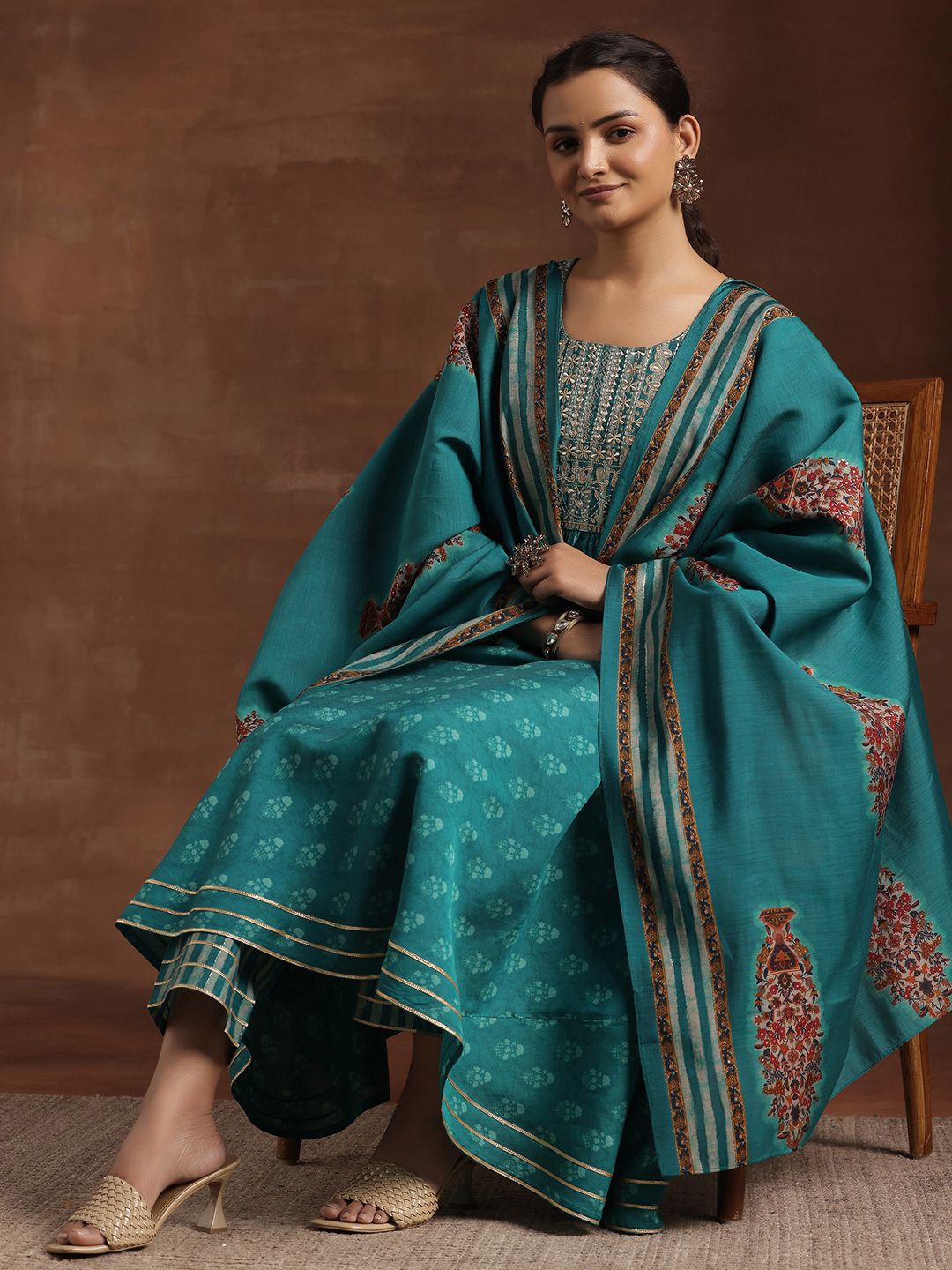 Libas Floral Printed Pleated Mirror Work Anarkali Kurta with Trousers & Dupatta