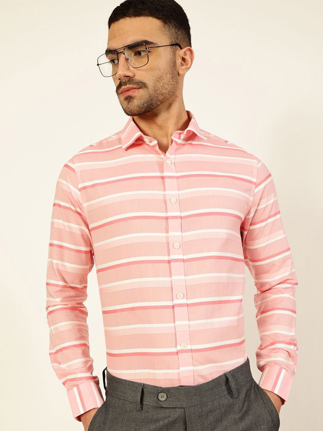 Thomas Scott Men Premium Spread Collar Striped Cotton Formal Shirt