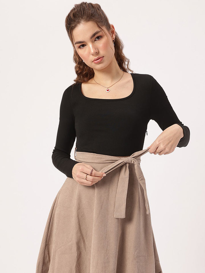 DressBerry Academia Core Textured Tie-Up Belt Fit & Flare Dress