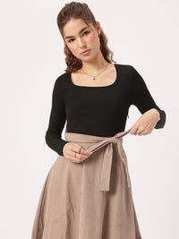 DressBerry Academia Core Textured Tie-Up Belt Fit & Flare Dress