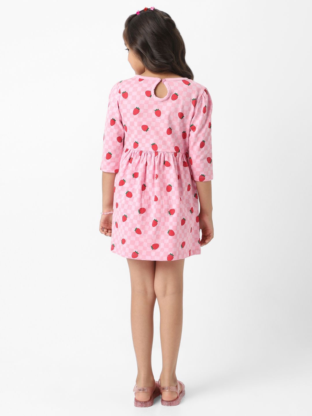 Nauti Nati Girls Pink Jersey Cotton Strawberry Print Dress