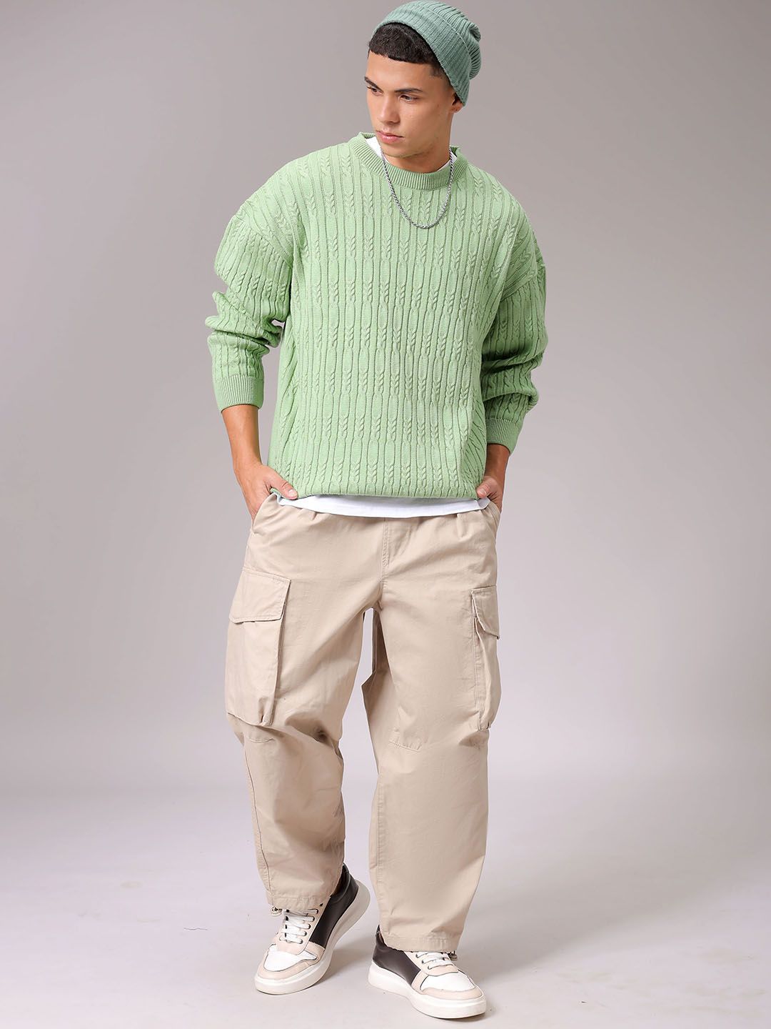 The Indian Garage Co Men Self Design Cable Knit Pullover