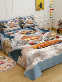 KLOTTHE Biru & Beige Kartun Bercetak Flat 300 TC Cadar Katil Super King Dengan 2 Sarung Bantal