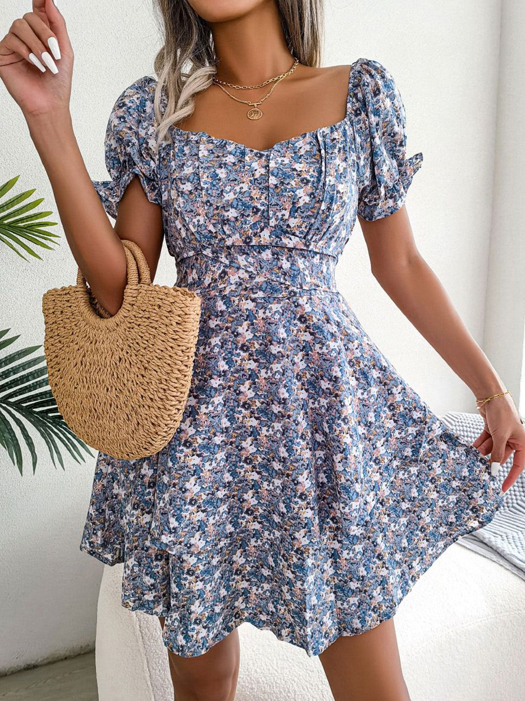 all about you Floral Print Sweatheart Neck Puff Sleeve Fit & Flare Mini Dress