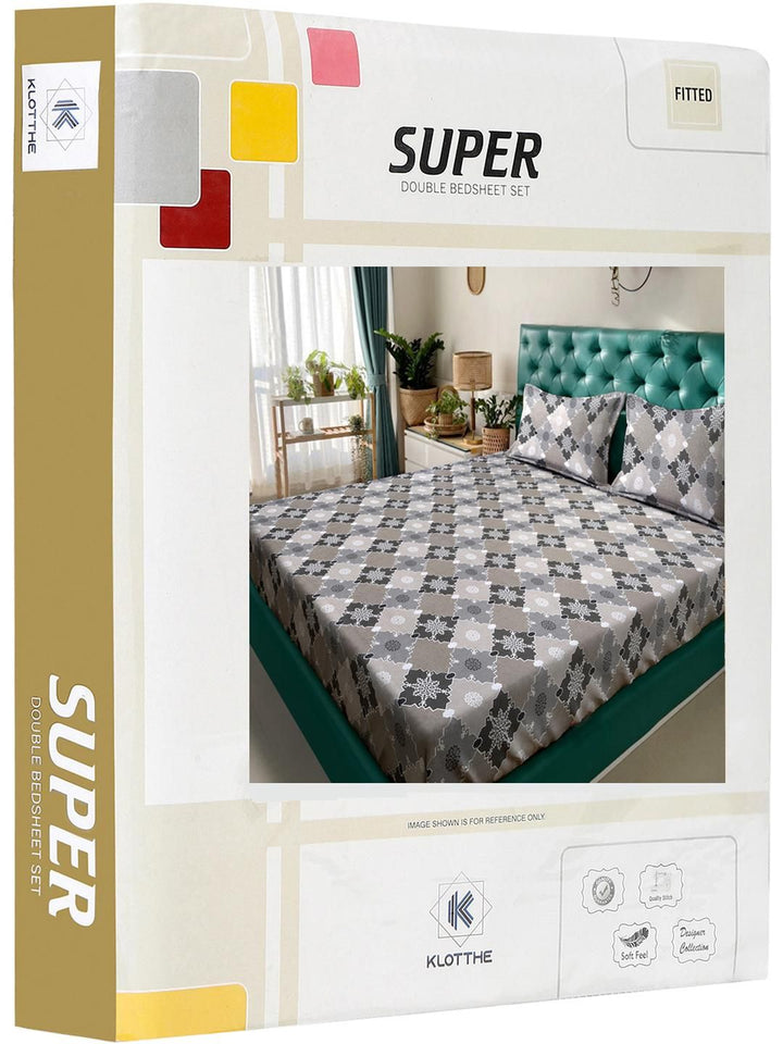KLOTTHE Grey Geometric Printed 400 TC Cotton King Bedsheet Set 2.50 m x 2.25 m