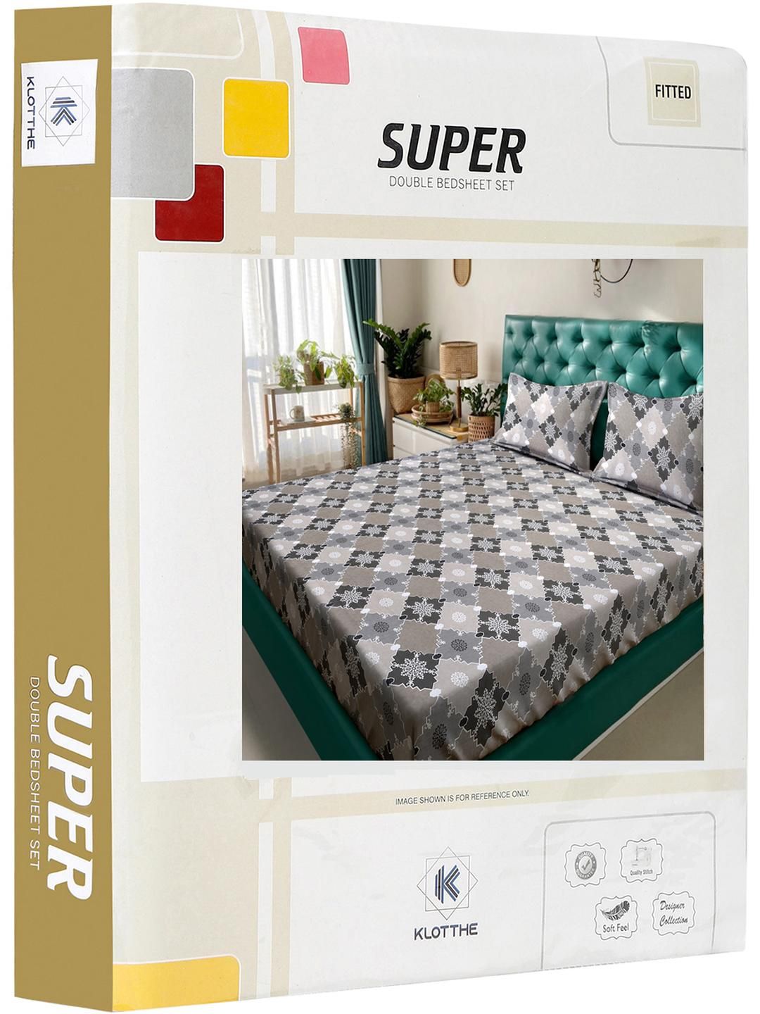 KLOTTHE Grey Geometric Printed 400 TC Cotton King Bedsheet Set 2.50 m x 2.25 m