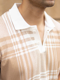 Powerlook Men Beige & White Checked Polo Collar T-shirt
