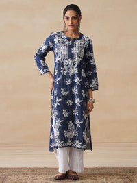 House of Chikankari Women Navy Blue Mulmul Chikankari Embroidered Kurta