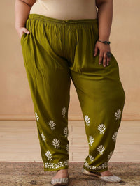 House of Chikankari Women Solid Olive 2 Pieces Regular Kurta with Trousers Set