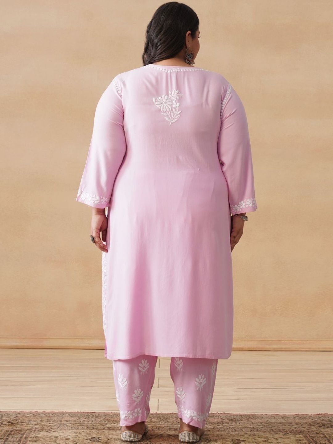 House of Chikankari Women Solid Pink 2 Pieces Regular Kurta with Trousers Set