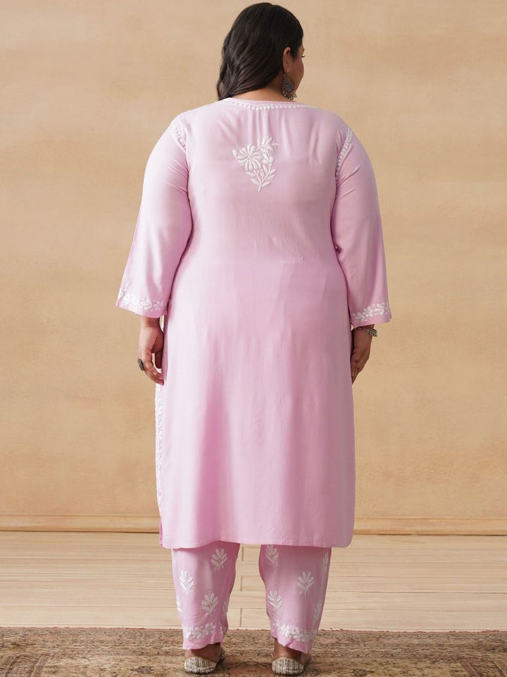 House of Chikankari Women Solid Pink 2 Pieces Regular Kurta with Trousers Set