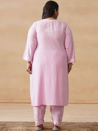 House of Chikankari Women Solid Pink 2 Pieces Regular Kurta with Trousers Set
