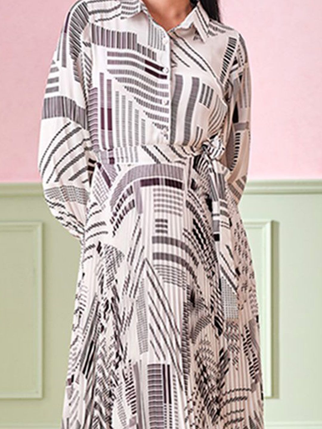 AND Abstract Printed Shirt Collar A-Line Midi Dress