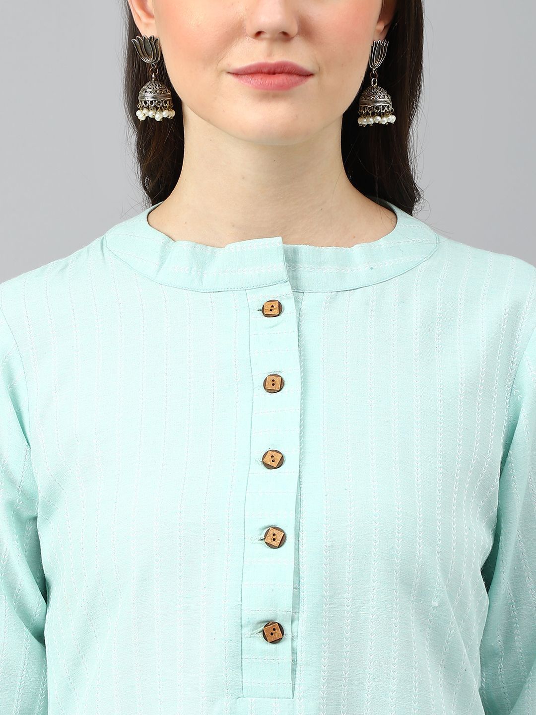 KALINI Striped Woven Design Mandarin Collar Three-Quarter Sleeves Straight Kurta